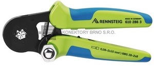 Profesionální kleště na dutinky se speciálními šestihrannými čelistmi. Aretace proti předčasnému uvolnění tlaku a šroub pro nastavení přítlaku.