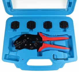 Ekonomická sada ručních lisovacích kleští s pěti výměnnými čelistmi v praktickém kufříku.